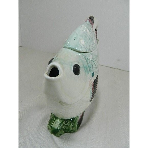 Vintage Tropical Fish Teapot Green/White Thin Made in Taiwan Seaweed Handle 7"H - Picture 6 of 15